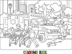 Paramedics near the ambulance. Cars coloring book