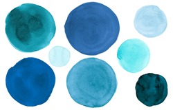 Blue Watercolor Circle. Graphic Acrylic Blots on Paper. Fresh Art Rounds Elements. Hand Paint Watercolor Circle. Indigo Isolated Drops Splatter. Pastel Dots. Teal Watercolor Circle.