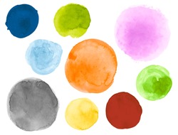 Watercolor Circles Set. Art Graphic Dot Drawing. Hand Paint Template with Blot on Paper. Brush Watercolor Round Collection. Creative Stroke Design. Bright Watercolor Circles Collection.