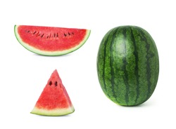 whole watermelon and cut pieces colection isolated on white background with clipping path