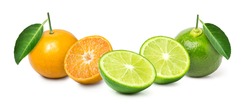 orange and lime, mixed citrus fruit isolated on white