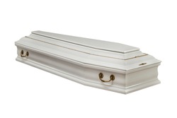 White closed coffin isolated on white background with golden handles