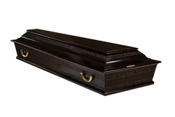 Elegant brown coffin with closed lid with golden fittings isolated on white background