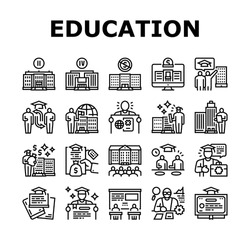 Higher Education And Graduation Icons Set Vector. Two And Four Year Higher Education In College And University, Private Profit Institution And International Admission Black Contour Illustrations