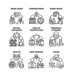 Health Protection Set Icons Vector Illustrations. Wear Facial Mask And Hand Wash, Personal Hygiene And Social Distance Health Protection From Coronavirus Pandemic Black Illustration