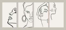 Trendy design templates for stories with portrait woman in abstract one line graphic style. Contemporary background for social media. Hand drawn vector