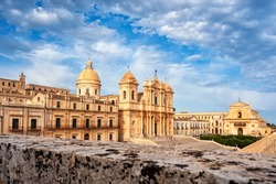 Noto, Syracuse district, Val di Noto, Sicily, Italy, Europe, Cathedral of San Nicolò and Basilica of San Salvatore viewed from the terrace of the church of San Carlo Borromeo
