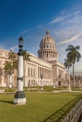View of The Capitoly of Havana, located in the heart og the Old Havana neighborhood. In this place works cuban parlament. The dome is made with russian gold