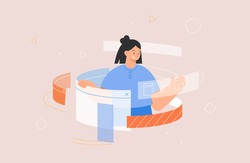 Designing Developing and programming technologies concept. Woman programmer or designer working in program. Flat style vector illustration.