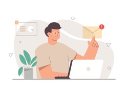 Young male character office worker working with a laptop and opens an email with his finger. On the background are icons for charts, diagrams, and infographics. Flat vector cartoon illustration.