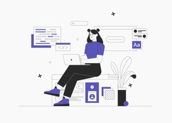 Business woman, smm manager, programmer, sit on infographic and work on laptop. Freelancer working on web and application development on computers. Software developers. Flat style vector illustration.