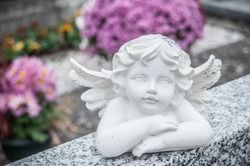 closeup of stoned angel at cemetery