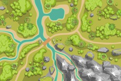 Vector illustration. Landscape. (Top view)
Mountains, river, trees. (View from above)