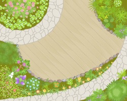 Vector illustration. Landscaping. (Top view) 
Garden paths, stones, flowers and plants. (View from above)