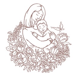 Lovely motherday coloring page with floral composition. Mother holds her son in her arms