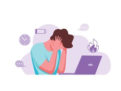 Professional burnout syndrome exhausted man tired sitting at her workplace in office holding her head vector illustration. Concept of emotional burnout, stress, tiredness, mental health problems. 