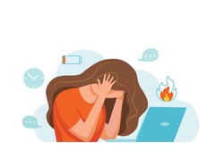 Professional burnout syndrome exhausted woman tired sitting at her workplace in office holding her head vector illustration. Concept of emotional burnout, stress, tiredness, mental health problems. 