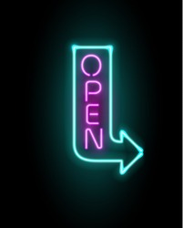 Neon sign Open 24/7 light vector background. Realistic glowing shining  design element in arrow frame for 24 Hours Club, Bar, Cafe