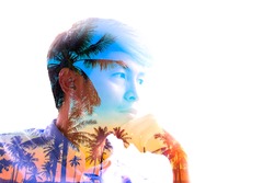 Creative portrait done with double exposure effect. Man thinking travel in holiday,Travel concept