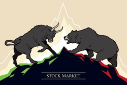 Bull and bear, symbols of stock market trends. Vector illustration