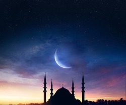 mosque sunset sky, holy and islamic night and silhouette mosque