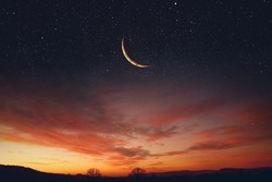 Sky night stars and moon, islamic night.