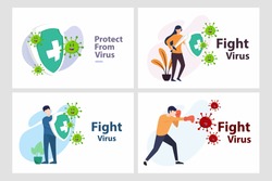 Set Vector illustration fight covid-19 corona virus. cure corona virus. people fight virus concept. corona viruses vaccine concept. end of 2019-ncov. don't be afraid of the corona virus concept.