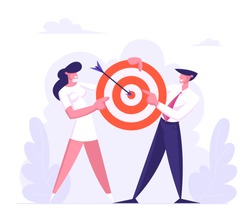 Business Man and Woman Team Holding Target with Arrow in Center, Business Goals Achievement, Aims, Mission, Opportunity and Challenge, Task Solution, Business Strategy Cartoon Flat Vector Illustration