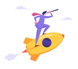 Startup Concept with Businessman Character Looking Through Spyglass Flying on Rocket. New Business Project Launching, Successful Start Up. Innovation Idea Research. Cartoon Flat Vector Illustration