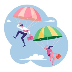 Businessman and Businesswoman Corporate Partners with Briefcases in Hands Floating with Parachutes in Sky. Business People Skydivers Risk Danger and Safety Concept. Cartoon Flat Vector Illustration