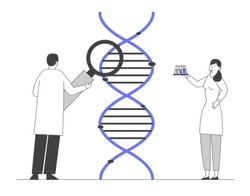 Medicine Technology Genetic Testing. Scientists Working with Dna Looking through Magnifying Glass Making Notes. Doctor with Flask Doing Laboratory Research. Cartoon Flat Vector Illustration, Line Art