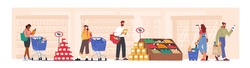 People Visiting Supermarket for Buying Grocery. Happy Men and Women Choosing Products in Store, Characters in Shop with Bags and Trolleys. Shopping, Every Day Routine. Cartoon Vector Illustration