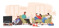 Family Characters Suffering of Social Media Internet Addiction Concept. Parents and Children Sitting Together at Home Using Gadgets, Smartphones, Digital Devices. Cartoon People Vector Illustration