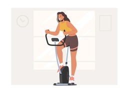 Woman Training in Gym on Exercise Bike. Sports Lifestyle Workout, Healthy Female Character Doing Cardio Exercising in Fitness Club, Biking Sport Hobby, Weight Loss. Cartoon People Vector Illustration