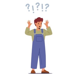 Surprised Child with Big Question and Exclamation Marks over Head. Thinking Process, Curious Kid Asking Questions, Character Ask, Searching Answers and Problem Solution. Cartoon Vector Illustration