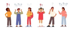 Set of Children Asking Questions, Searching Information, Schoolgirls and Schoolboys Characters with Question and Exclamation Marks over Head. Students Idea, Curiosity. Cartoon Vector Illustration