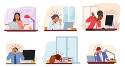 Set Professional Burnout Syndrome. Exhausted Managers Characters at Work Sitting at Table with Head Down. Business Concept of Overload, Stress and Tiredness. Cartoon People Vector Illustration