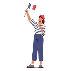 Typical French Woman in Red Beret and Striped T-Shirt Hold France Flag in Hands, Female Character in Paris Traditional Clothes, Learning Foreign Language, Tourism. Cartoon People Vector Illustration