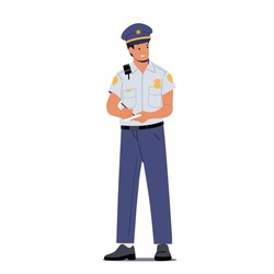 Police Officer Male Character Professional Occupation, Traffic Policeman Job. Road Inspector Wear Uniform Writing Fine to Intruder Isolated on White Background. Cartoon People Vector Illustration