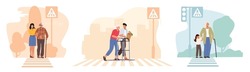 Set Old People Care, Characters Help to Cross Road for Elderly People. Man, Woman and Little Child City Dwellers Support Senior Pedestrian on Street with Traffic Jam. Cartoon Vector Illustration