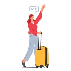 Girl Passenger with Yellow Luggage Ordering Taxi Car Isolated on White Background. Woman with Suitcase Waving Hand to Hire Car, Female Character Order Taxi in City. Cartoon Vector Illustration