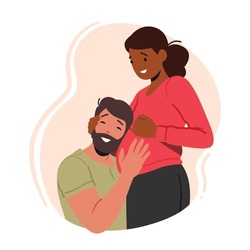 Happy Couple Waiting Baby. Young Husband Listening Heartbeating in Belly of Pregnant Wife. Female Character Prepare for Motherhood, Maternity, Relations, Childbirth. Cartoon People Vector Illustration