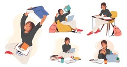 Set Student Girl Character in Different Situations Learning, Prepare for Exam, Work on Laptop, Sitting at Desk with Books. Education, Back to School, College Or University. Cartoon Vector Illustration