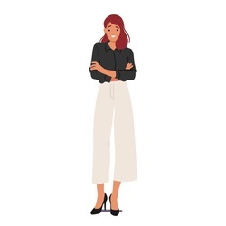 Confident Businesswoman Character Stands With Folded Arms, Exuding Professionalism And Determination. Her Poised Demeanor Reflects Strength, Leadership And A Commitment To Success. Vector Illustration