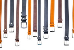 various types of leather belt. Realistic leather belts set with metal buckles isolated 