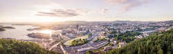 Aerial drone, Oslo skyline sunset, HDR panorama photo form drone