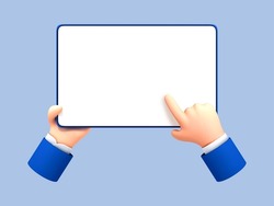 3D cartoon hand holding tablet isolated on blue background. Hand using tablet mockup. Vector 3d illustration
