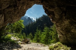 View from the Oblaskowa cave through on the Koscieliska valley. Polish Western Tatras, Lesser Poland