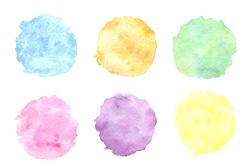 Set of watercolor colorful spots; hand drawn artistic Illustration for your design. Blue, orange, green, pink, purple, yellow color; circle shape; isolated objects on white background.