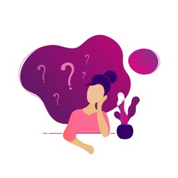 Young beauty woman thinking sitting under question marks. Vector flat modern trendy beuty style illustration character icon. Woman girl surrounded by question marks concept. Girl think 